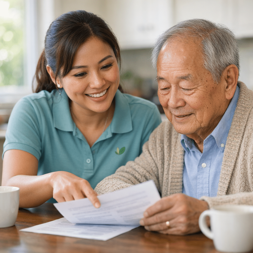 GHCA bilingual support worker assisting an elderly CALD client with culturally and linguistically diverse aged care